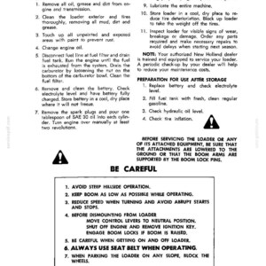 May include: A technical document page titled STORING THE LOADER, containing numbered instructions for storage preparation, post-storage use, and safety precautions. The text includes warnings about steep hills, boom operation, and engine maintenance.
