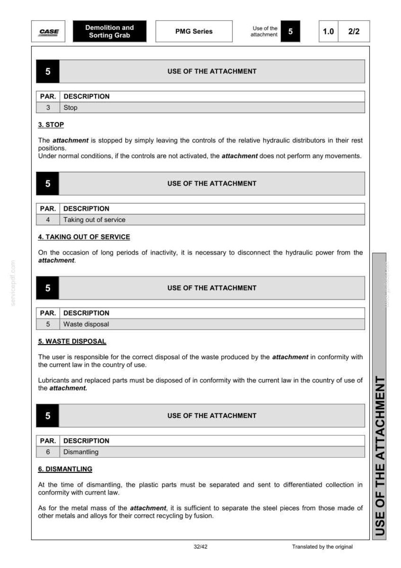 Puede incluir: Una p&aacute;gina de manual que detalla el uso de un accesorio, con secciones sobre parada, puesta fuera de servicio, eliminaci&oacute;n de residuos y desmontaje. El documento incluye texto y secciones numeradas, con el logotipo de CASE en la parte superior.
