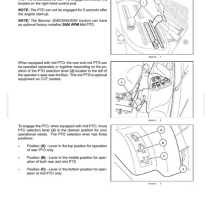 May include: A technical manual page titled 3 - CONTROLS/INSTRUMENTS detailing PTO controls. It features three black and white line drawings showing a PTO engagement switch, a selection lever, and a diagram labeled with positions A, B, and C.