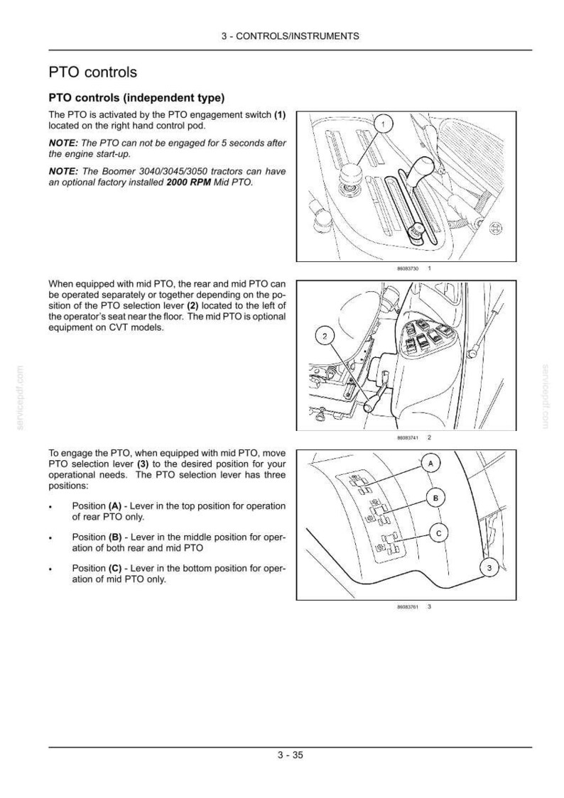 May include: A technical manual page titled 3 - CONTROLS/INSTRUMENTS detailing PTO controls. It features three black and white line drawings showing a PTO engagement switch, a selection lever, and a diagram labeled with positions A, B, and C.