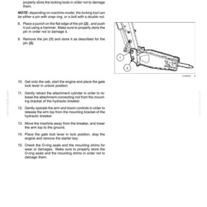 May include: A technical manual page titled 3 - WORKING OPERATIONS, featuring a black and white line drawing of a hydraulic breaker attachment on a machine. The text provides numbered instructions for maintenance, including steps 6 through 15.
