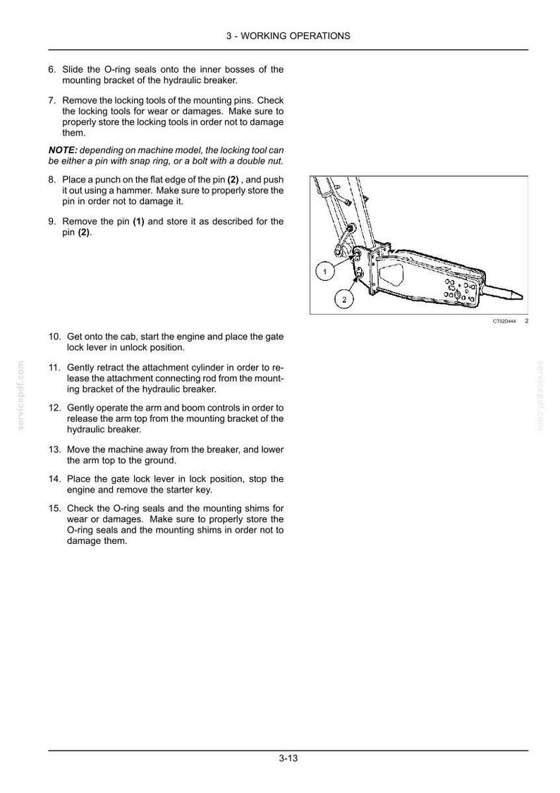 May include: A technical manual page titled 3 - WORKING OPERATIONS, featuring a black and white line drawing of a hydraulic breaker attachment on a machine. The text provides numbered instructions for maintenance, including steps 6 through 15.