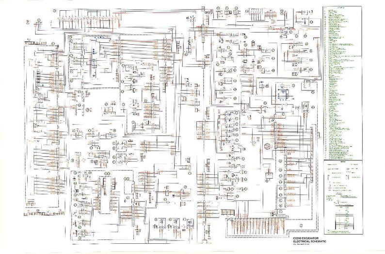 May include: A detailed electrical schematic for a C300 excavator, featuring a complex network of lines, symbols, and text. The diagram is primarily black and white with some brown and green accents, providing a technical illustration of the excavator's electrical system.