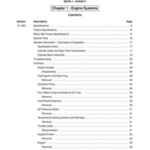 May include: A page from a manual titled "SECTION 10 - ENGINE SYSTEMS" with a table of contents. The table lists various engine components and procedures, including specifications, troubleshooting, and removal instructions. The book's number is 87352317.