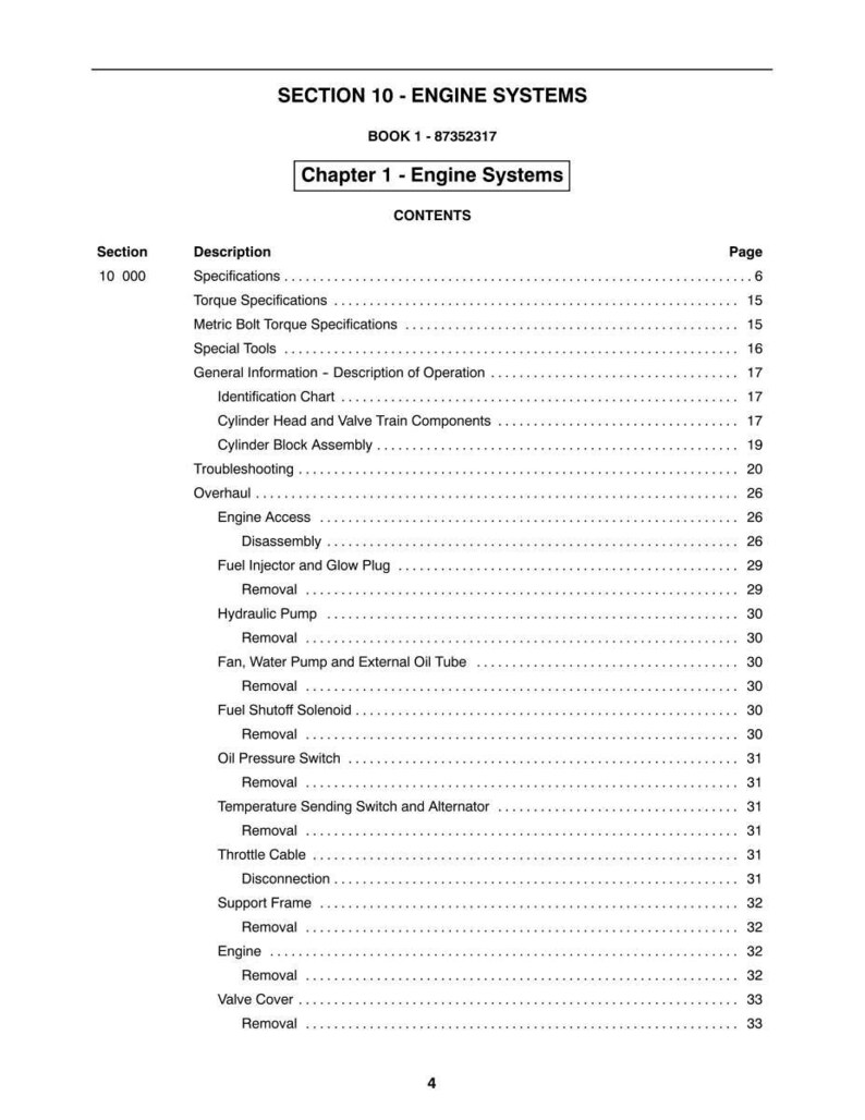 May include: A page from a manual titled "SECTION 10 - ENGINE SYSTEMS" with a table of contents. The table lists various engine components and procedures, including specifications, troubleshooting, and removal instructions. The book's number is 87352317.