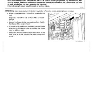 Pode incluir: Uma p&aacute;gina de um manual de manuten&ccedil;&atilde;o de ve&iacute;culos detalhando fus&iacute;veis e rel&eacute;s. O texto inclui um aviso sobre servi&ccedil;o inadequado e instru&ccedil;&otilde;es para substituir fus&iacute;veis. Um diagrama do compartimento do motor mostra a localiza&ccedil;&atilde;o da caixa de fus&iacute;veis.