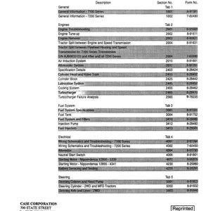 Puede incluir: Manual de servicio para tractores de las series 7100 y 7200. La tabla de contenidos enumera secciones sobre motores, sistemas de combustible, componentes el&eacute;ctricos y direcci&oacute;n. Publicado por Case Corporation.