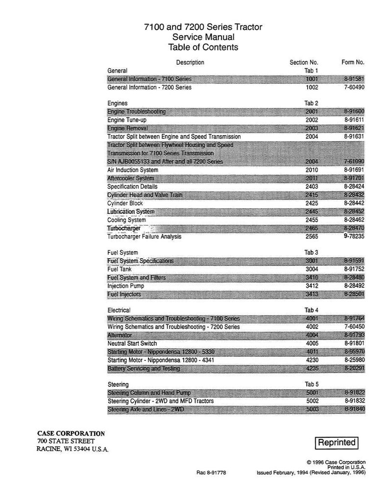 Puede incluir: Manual de servicio para tractores de las series 7100 y 7200. La tabla de contenidos enumera secciones sobre motores, sistemas de combustible, componentes el&eacute;ctricos y direcci&oacute;n. Publicado por Case Corporation.
