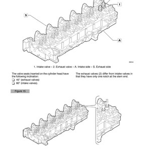May include: Diagram of an engine F4GE0684F overhaul, showing valve and valve seat details. Includes labels for intake and exhaust valves, and side views. Text includes valve inclination angles.