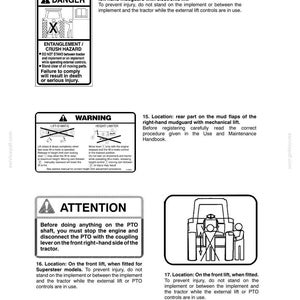 May include: A technical document page titled Section 1 - General Information and Safety Measures. It features black and white safety labels with text and icons illustrating danger, warning, and attention protocols for tractor equipment operation.