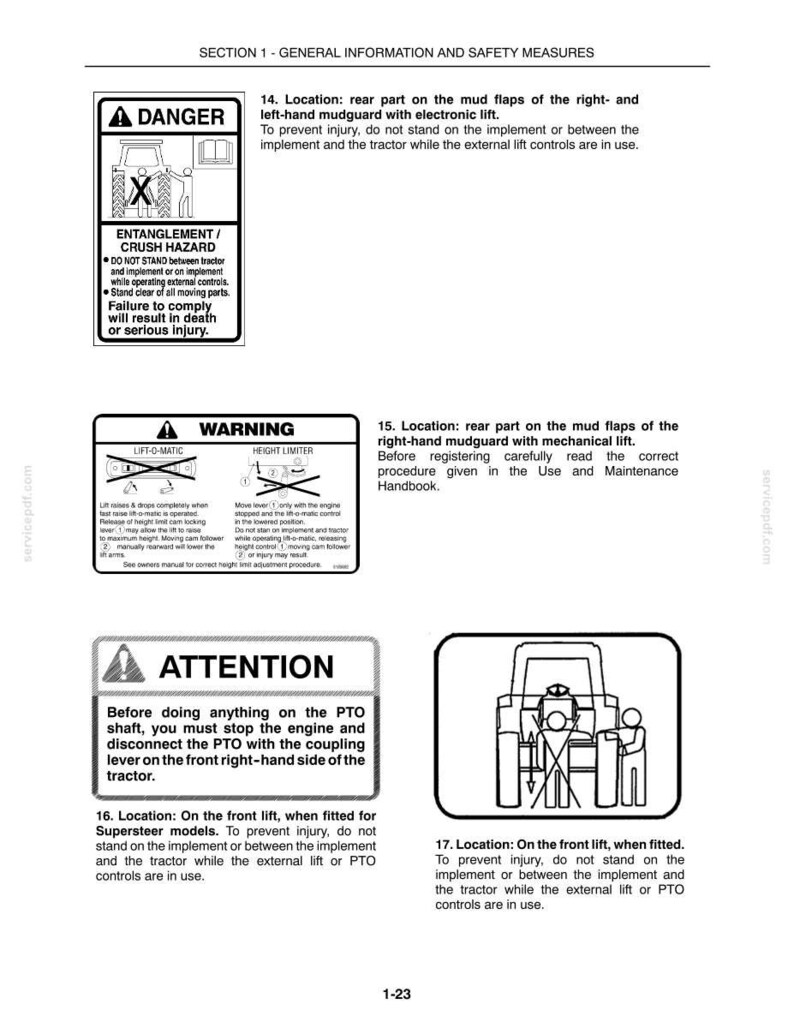 May include: A technical document page titled Section 1 - General Information and Safety Measures. It features black and white safety labels with text and icons illustrating danger, warning, and attention protocols for tractor equipment operation.