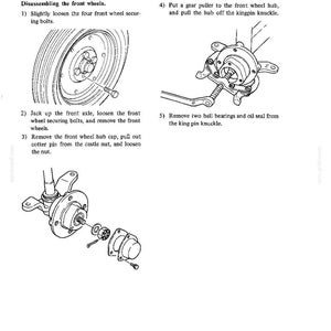 May include: Diagram illustrating the disassembly of front wheels, with numbered steps and detailed drawings of wheel components. Includes text instructions for loosening bolts, removing parts, and using tools. The image is in black and white.