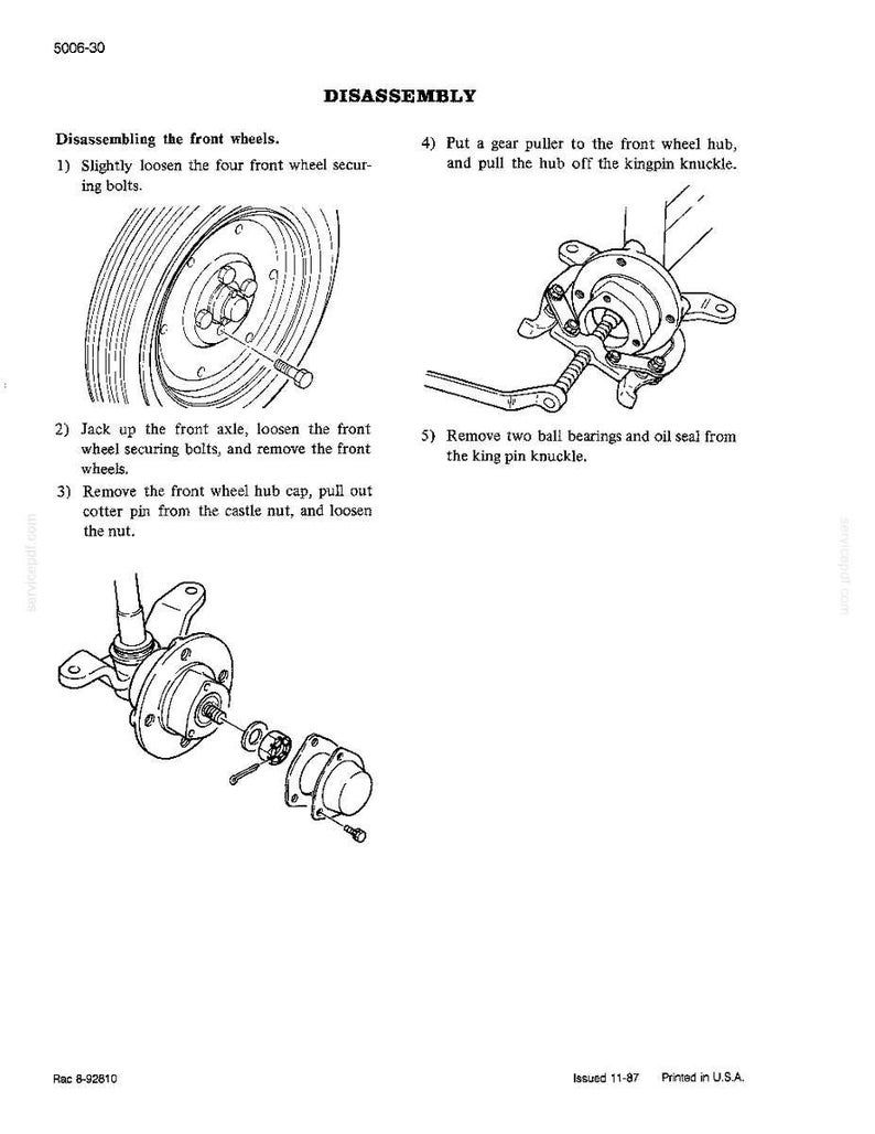 May include: Diagram illustrating the disassembly of front wheels, with numbered steps and detailed drawings of wheel components. Includes text instructions for loosening bolts, removing parts, and using tools. The image is in black and white.