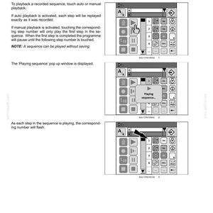 May include: A technical manual page titled 6-WORKING OPERATIONS, Replaying a sequence, detailing the Headland Turn Sequence (HTS) II. It features three black and white diagrams of a digital interface with buttons, icons, and a Playing sequence pop-up.