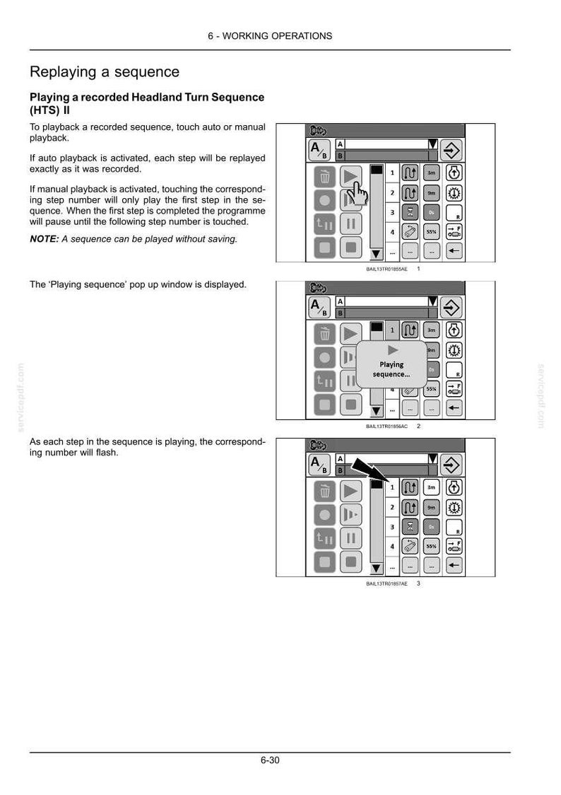 May include: A technical manual page titled 6-WORKING OPERATIONS, Replaying a sequence, detailing the Headland Turn Sequence (HTS) II. It features three black and white diagrams of a digital interface with buttons, icons, and a Playing sequence pop-up.