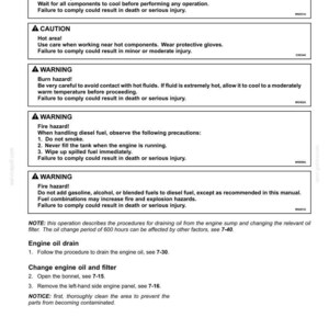 May include: A technical manual page titled Oiling system - Change oil and filter (Models with a cab) containing safety warnings regarding hot surfaces, burn hazards, and fire risks when handling diesel fuel, plus engine maintenance instructions.