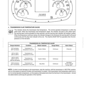 May include: Diagram of a CASE instrument panel with gauges and a central display. The panel includes a transmission fluid temperature gauge with temperature ranges in Fahrenheit and Celsius, and warning indicators.
