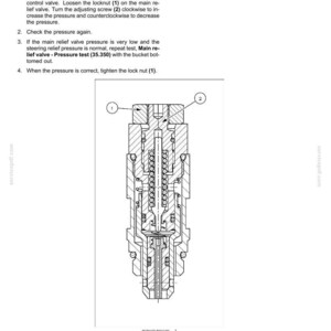 May include: Diagram of a main relief valve with mechanical controls, showing internal components and adjustment points. Includes labels for locknut (1) and adjusting screw (2). Text includes instructions for pressure adjustment and testing.