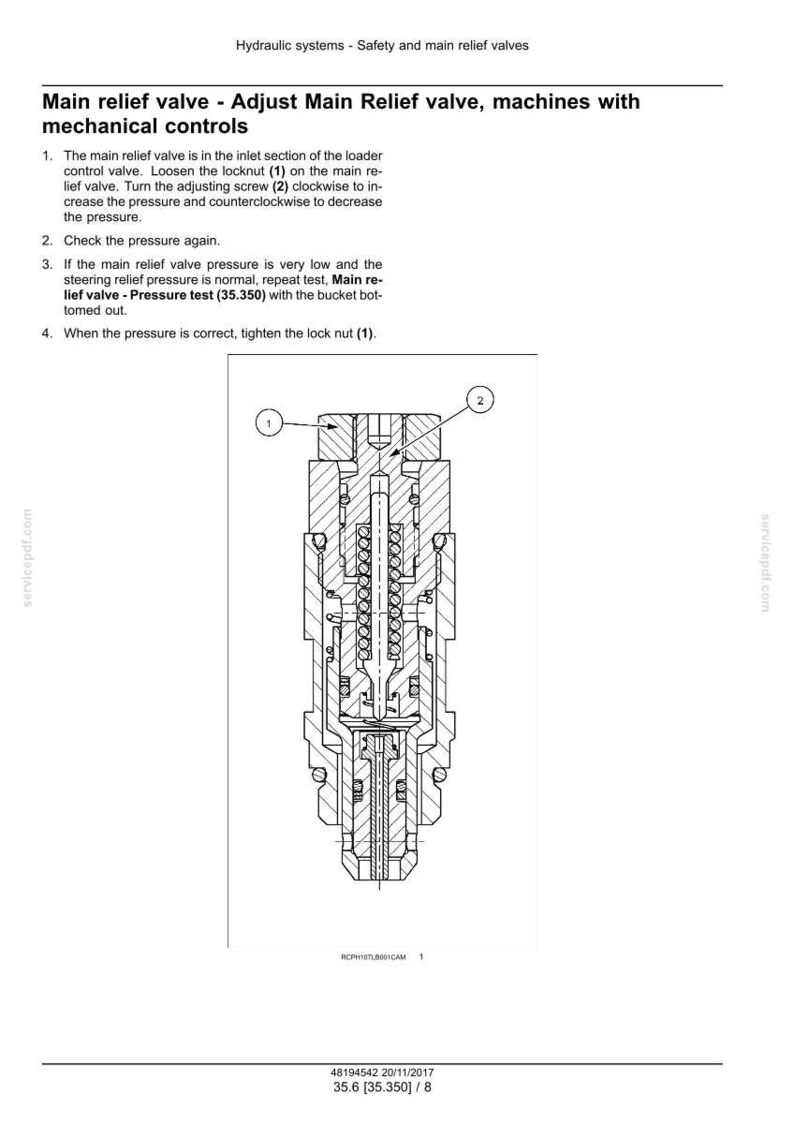 May include: Diagram of a main relief valve with mechanical controls, showing internal components and adjustment points. Includes labels for locknut (1) and adjusting screw (2). Text includes instructions for pressure adjustment and testing.