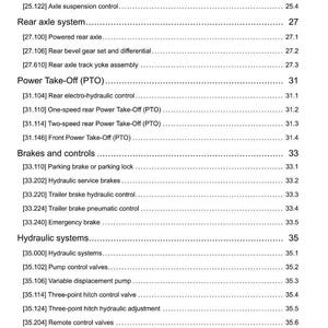 May include: A detailed technical document with a white background, listing various mechanical systems and components. Sections include Powered Front Axle, Rear Axle System, Power Take-Off (PTO), Brakes and Controls, and Hydraulic Systems.