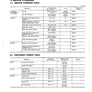 May include: A technical document page titled Lubrication - Service Standards, featuring two tables. The first table lists service standards for oil pressure, oil pump, and oil cooler components. The second table details tightening torque specifications.