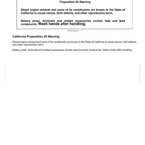 May include: A document page titled 2-SAFETY INFORMATION containing a California Proposition 65 Warning. The text states that diesel engine exhaust and battery posts, terminals, and related accessories contain lead and lead compounds, which are known to cause cancer and reproductive harm.