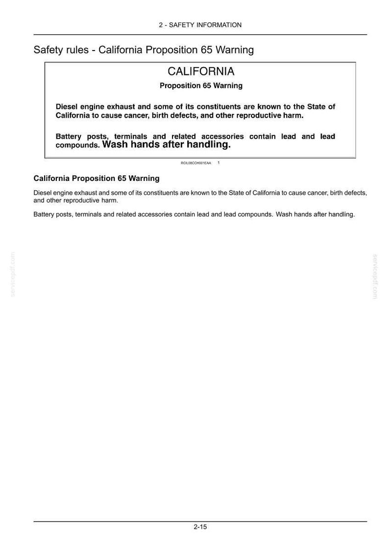 May include: A document page titled 2-SAFETY INFORMATION containing a California Proposition 65 Warning. The text states that diesel engine exhaust and battery posts, terminals, and related accessories contain lead and lead compounds, which are known to cause cancer and reproductive harm.