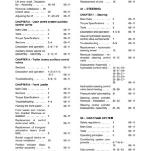 May include: A black and white printed contents page from a manual, listing chapters and sections with page numbers and dates. Chapters include steering, auxiliary control valves, and cab HVAC systems.