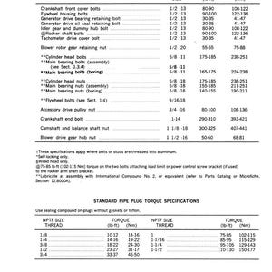 May include: A detailed specification sheet for Detroit Diesel 71 (Vehicle) components. It lists thread sizes, torque in lb-ft and Nm for various parts like bolts, nuts, and plugs. Includes standard pipe plug torque specifications and notes.