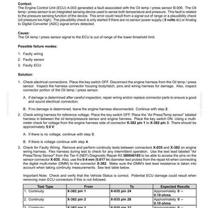 May include: Document detailing an oil pressure sensor failure, including fault codes, control module information, possible failure modes, and solutions. Includes a test table with expected results for continuity and short circuit tests.