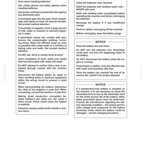 May include: A page from a manual with safety warnings and notices about battery maintenance. The text includes instructions on handling batteries, electrolyte contact, and recharging procedures. The page is labeled "SECTION 4 - LUBRICATION/MAINTENANCE."