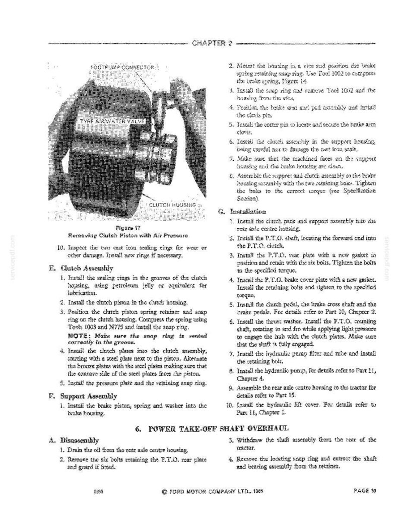 May include: A black and white technical diagram from a Ford Motor Company manual, detailing the removal of a clutch piston with air pressure. The image includes text and diagrams for automotive repair.