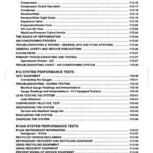K&ouml;nnte beinhalten: Ein detailliertes Inhaltsverzeichnis aus einem Handbuch, das sich auf Klimaanlagen konzentriert. Der Text enth&auml;lt Abschnitte zu R12- und R134A-Systemen, Fehlersuche und Leistungstests. Die Seitenzahl ist 11-3.