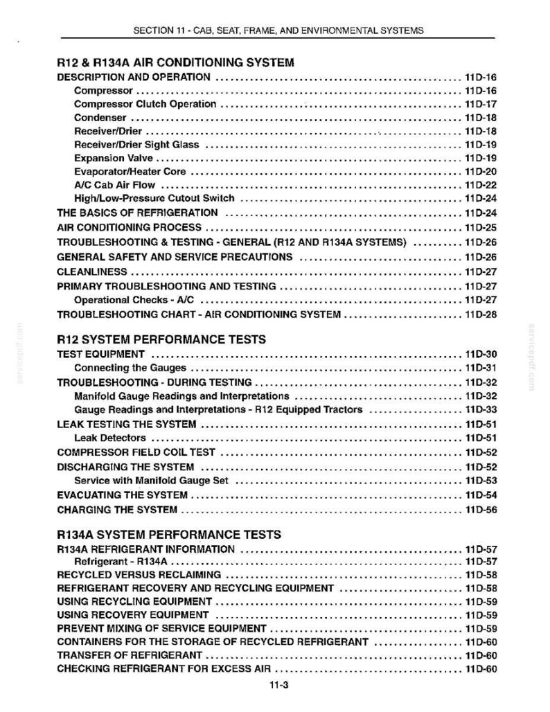 K&ouml;nnte beinhalten: Ein detailliertes Inhaltsverzeichnis aus einem Handbuch, das sich auf Klimaanlagen konzentriert. Der Text enth&auml;lt Abschnitte zu R12- und R134A-Systemen, Fehlersuche und Leistungstests. Die Seitenzahl ist 11-3.