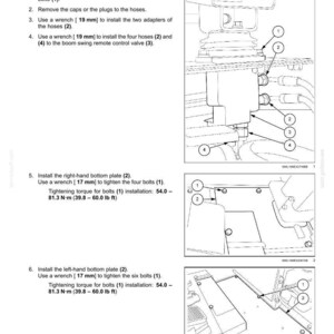 May include: Diagram of a hydraulic foot control system installation. Instructions include using wrenches of 8 mm, 17 mm, and 19 mm to install the swing control valve pedal and related components. Includes torque specifications.