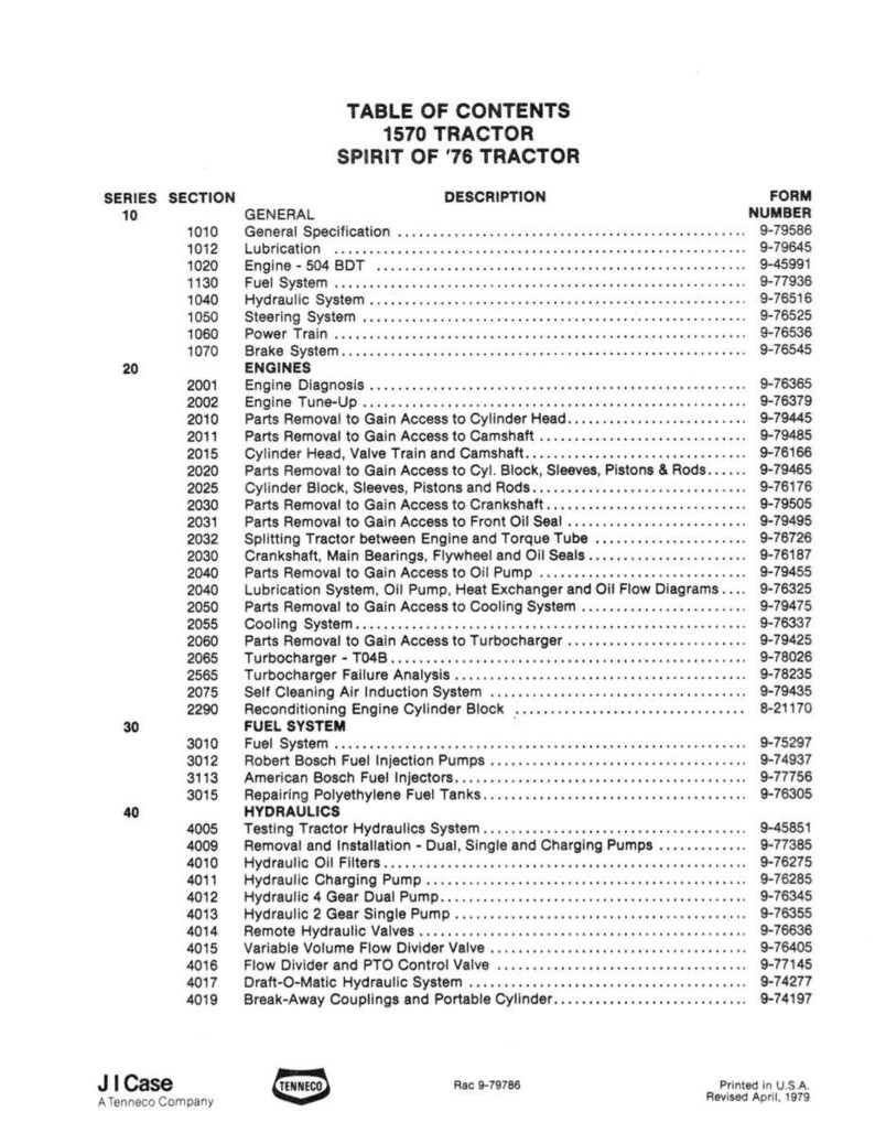 May include: Table of Contents for a 1570 Tractor, Spirit of '76 Tractor. The document lists sections like General, Engines, Fuel System, and Hydraulics, with corresponding form numbers. The document is printed in the U.S.A.