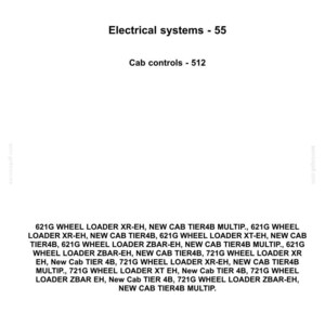 May include: A white document with the "CASE CONSTRUCTION" logo and text detailing electrical systems and cab controls. Lists of wheel loader models are also present, including XR-EH, XT-EH, and ZBAR-EH.