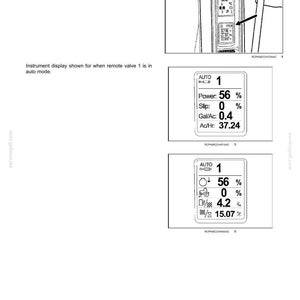 Op de afbeelding: Een pagina uit een technisch handboek getiteld WORKING OPERATIONS - 6, met diagrammen van een instrumentendisplay. De tekst legt de instellingen voor de automatische modus uit en toont numerieke gegevens voor Power, Slip, Gal/Ac en Ac/Hr.