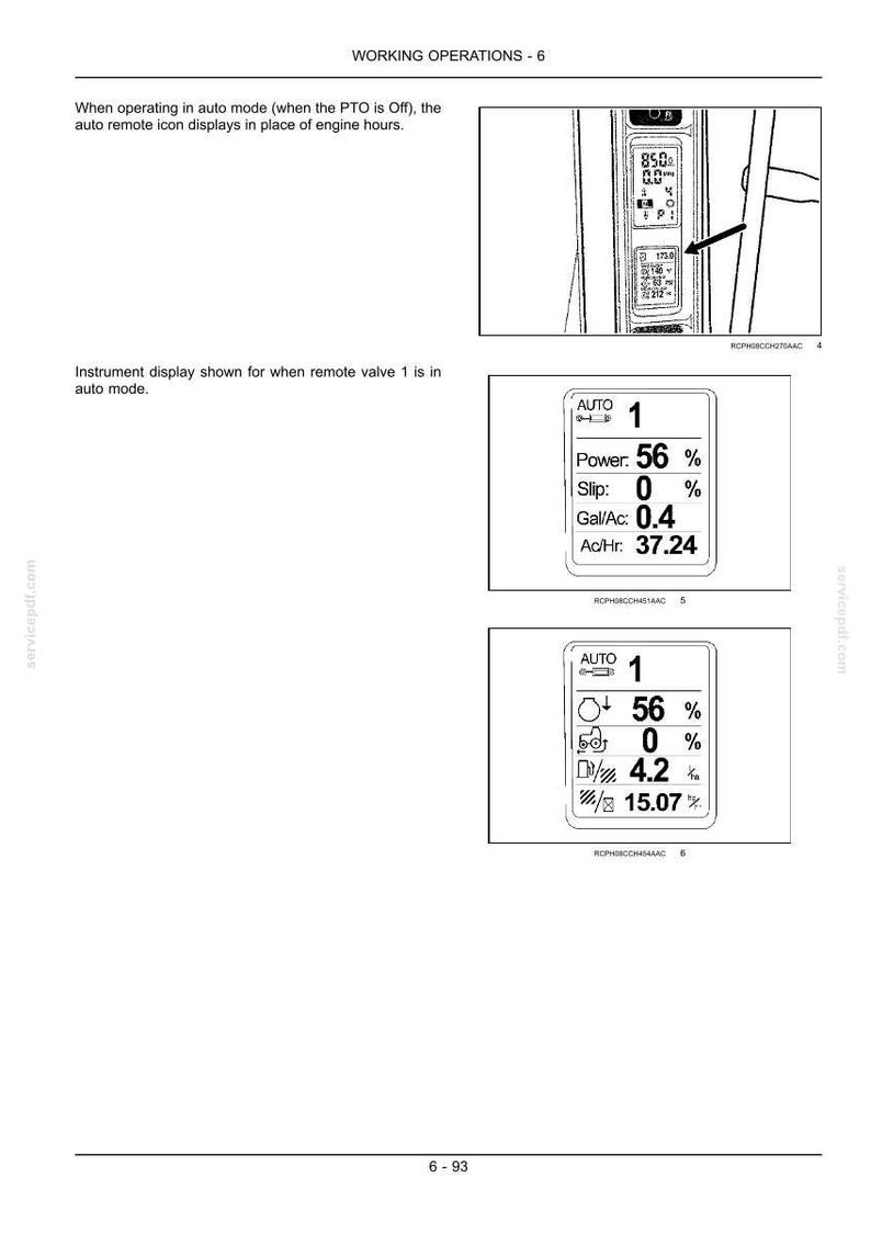 Op de afbeelding: Een pagina uit een technisch handboek getiteld WORKING OPERATIONS - 6, met diagrammen van een instrumentendisplay. De tekst legt de instellingen voor de automatische modus uit en toont numerieke gegevens voor Power, Slip, Gal/Ac en Ac/Hr.