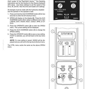 May include: A technical manual page titled 3-CONTROLS AND INSTRUMENTS, featuring text instructions for setting Easy Electro-Hydraulic (EZ-EH) controls. It includes a diagram of a control panel with numbered buttons for power, start, aux override, and operate.
