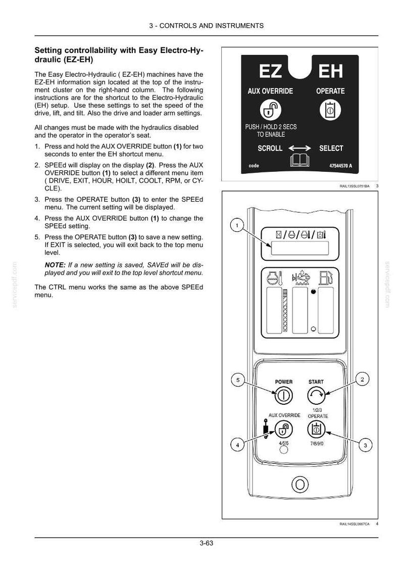 May include: A technical manual page titled 3-CONTROLS AND INSTRUMENTS, featuring text instructions for setting Easy Electro-Hydraulic (EZ-EH) controls. It includes a diagram of a control panel with numbered buttons for power, start, aux override, and operate.
