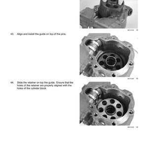 May include: Diagram of a power train transmission hydrostatic system. The image shows the process of inserting a cylinder block into a pump, aligning and installing a guide, and sliding a retainer. Text includes instructions and a date.