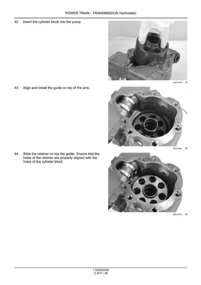 May include: Diagram of a power train transmission hydrostatic system. The image shows the process of inserting a cylinder block into a pump, aligning and installing a guide, and sliding a retainer. Text includes instructions and a date.
