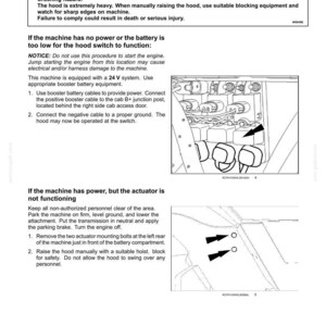May include: A manual page with instructions for manual hood opening. It includes safety warnings about crushing hazards and procedures for when the machine has no power or the actuator fails. Diagrams illustrate component locations.