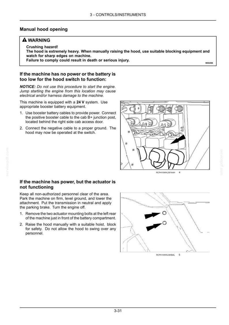 May include: A manual page with instructions for manual hood opening. It includes safety warnings about crushing hazards and procedures for when the machine has no power or the actuator fails. Diagrams illustrate component locations.