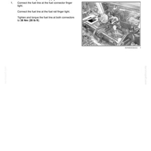 May include: A technical manual page titled Power Production - Fuel and Injection System, featuring a black and white photograph of a high-pressure fuel line installation on an engine, with instructions to torque connectors to 38 Nm or 28 lb ft.