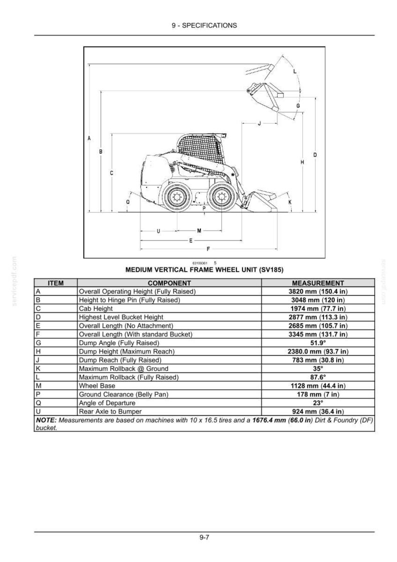 May include: Diagram of a medium vertical frame wheel unit (SV185) with measurements in millimetres and inches. Includes overall operating height (3820 mm/150.4 in), height to hinge pin (3048 mm/120 in), and cab height (1974 mm/77.7 in).