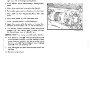 May include: A technical manual page titled 7-MAINTENANCE Fuel filter, featuring a black and white line drawing of an engine compartment. The diagram highlights a fuel filter labelled 1 and a bleed screw labelled 2, with numbered instructions.
