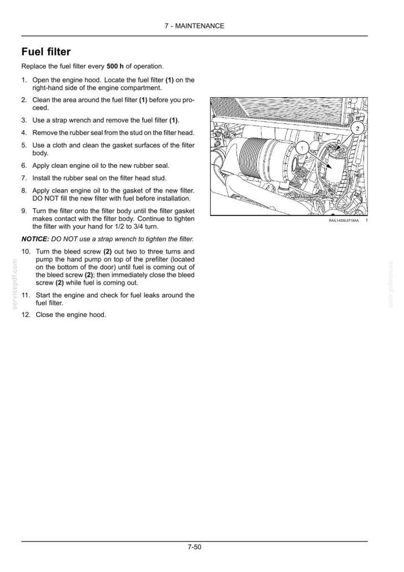 May include: A technical manual page titled 7-MAINTENANCE Fuel filter, featuring a black and white line drawing of an engine compartment. The diagram highlights a fuel filter labelled 1 and a bleed screw labelled 2, with numbered instructions.