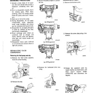 May include: A technical manual page titled FUEL SYSTEM 8-1, detailing the disassembly of a fuel injection pump. It features black and white line drawings of the pump with RQ, RSVD, and RFD governors, alongside step-by-step instructions for maintenance.
